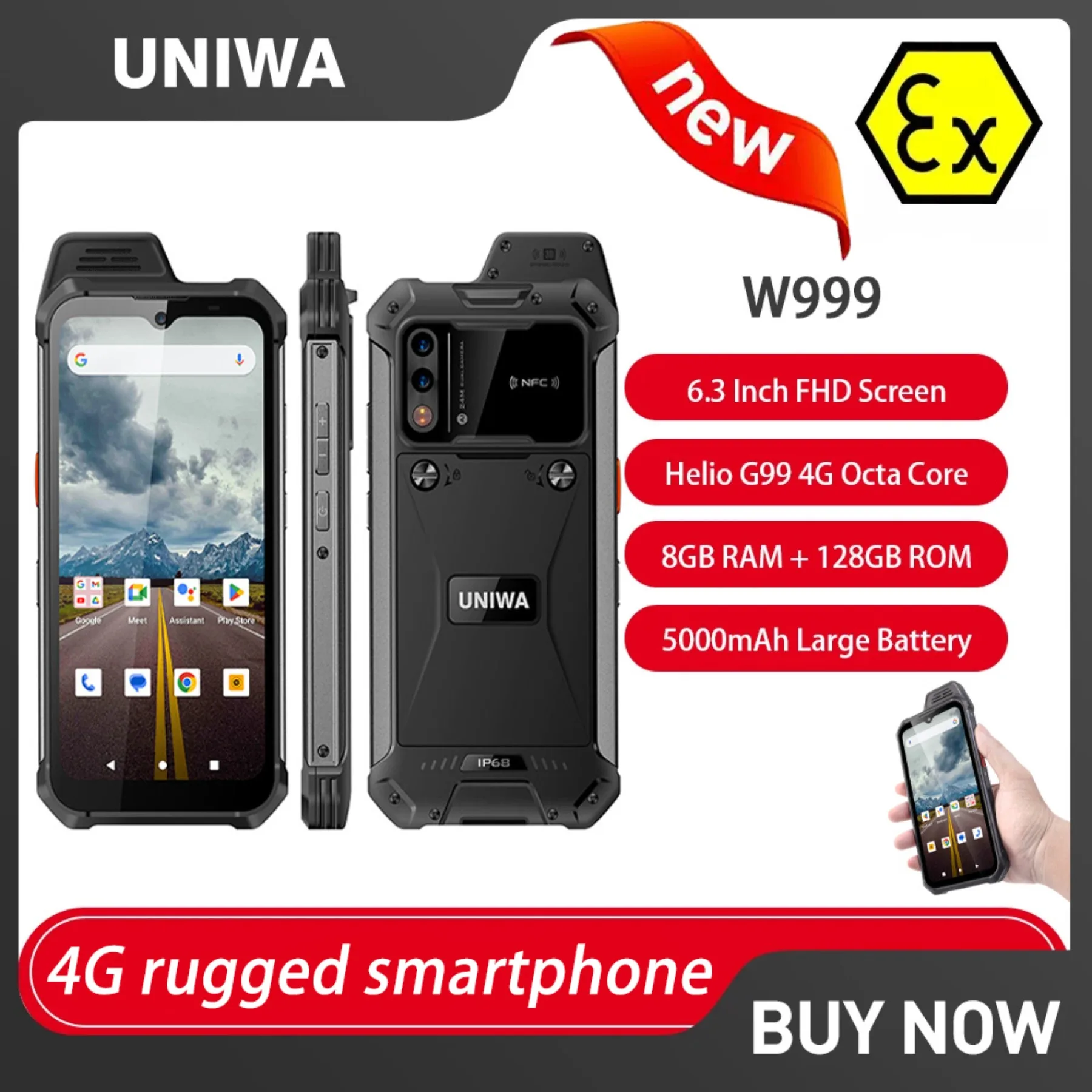 UNIWA W999 ATEX Explosion-proof Smartphones Rugged IP68 6.39" FHD Andriod13 8GB+128GB 5000mAh Walkie Talkie PTT NFC Mobile Phone