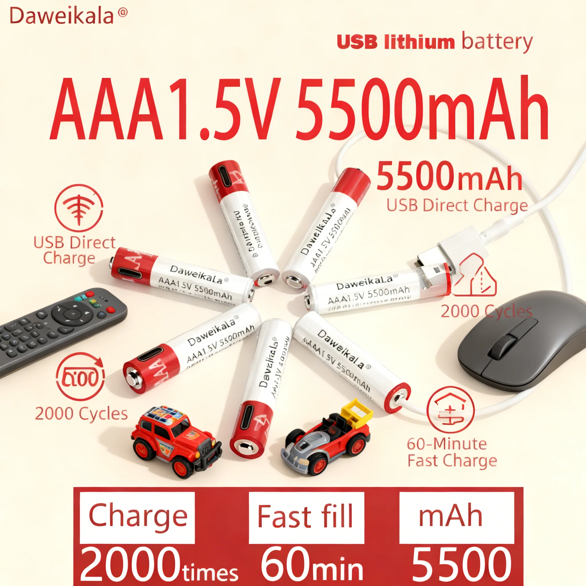 1.5V AAA 5500mah USB rechargeable lithium ion battery for remote control wireless mouse + cable