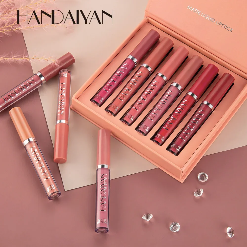 HANDAIYAN 6pcs/Set Lip Gloss Long Lasting Waterproof Matte Lip Tint NonStick Cup Liquid Lipstick Gift Box Cosmetics Makeup 6