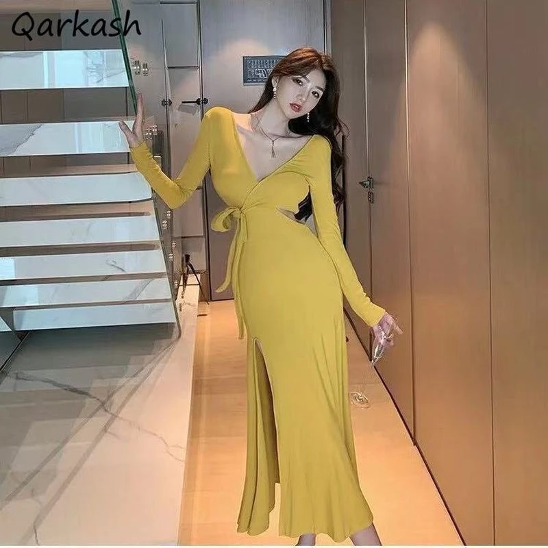 

Dresses Women Side-slit Sexy Spring Solid Mid-calf All-match Tunic V-neck Bandage Design Fashion High Street Holiday Tender Chic