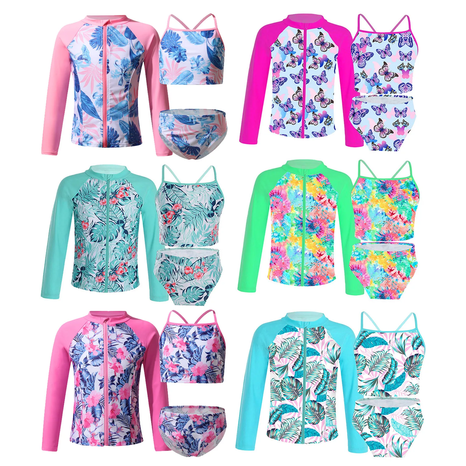 Kids Girls Swimwear Straps Sleeveless Tops with Briefs And Long Sleeves Front Zipper Closure Coat Set Beach Bathing Suits children swimsuit