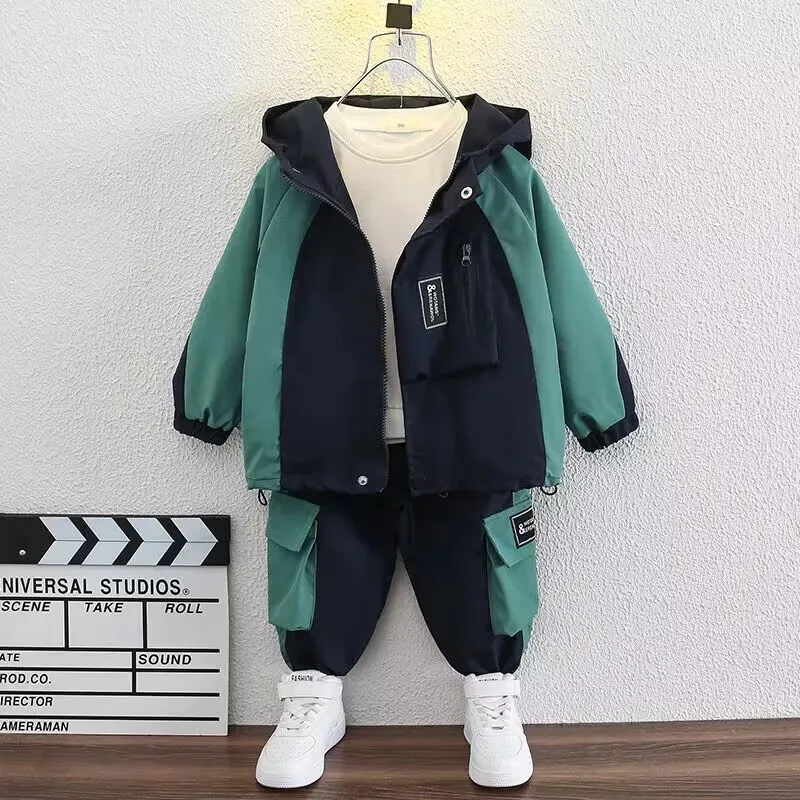 

Children's Spring and Autumn Clothing Set New Boys' Hooded Coat and Pants Set Korean Version Baby Charge Coat Two Piece Set