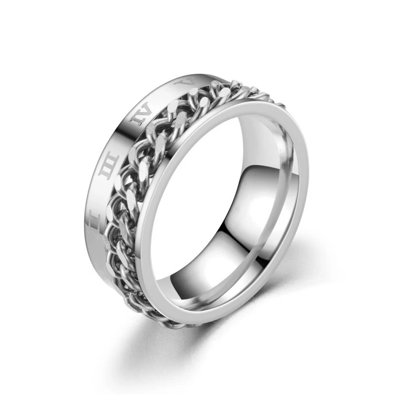 Cool Roman Numerals Rotating Stainless Steel Chain Multifunction Anti Stress Ring Men Women Anxiety Relief Jewelry Punk Gift