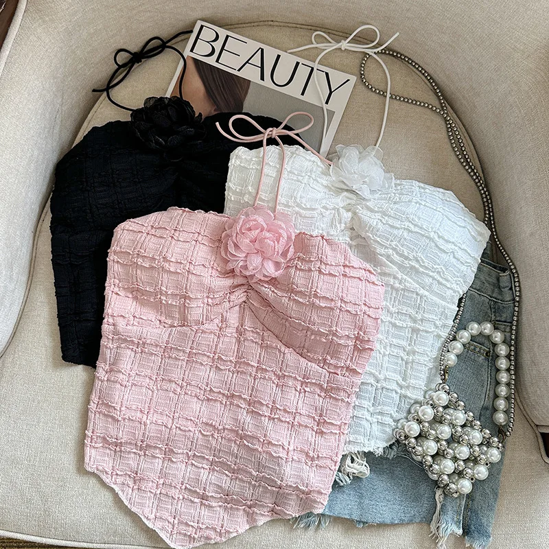 Summer Floral Vest Sexy Party Retro Bandage Mini Tank Tops Korean Backless Beach Sweet Top