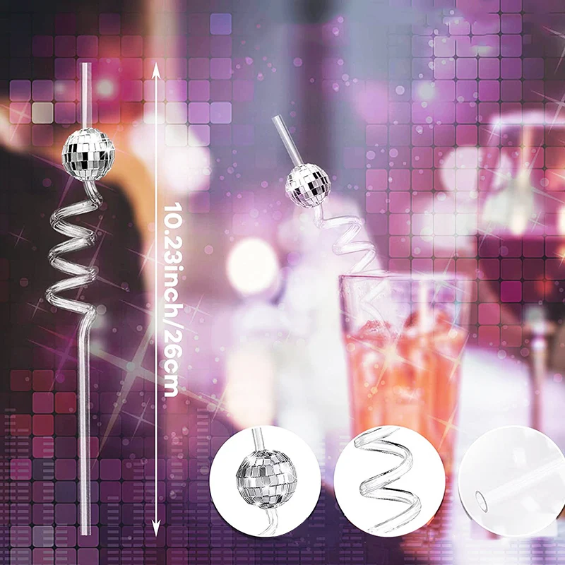 Mirror Ball Straws 6pcs Mirror ball party straw reflective ball screw straw disco personality elbow party decoration mirror