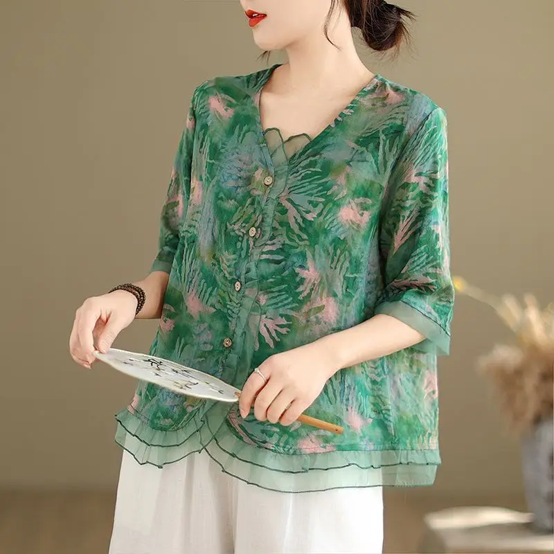 Elegant Fashion Harajuku Slim Fit Female Clothes Loose Casual All Match Tops Women Patchwork Printed Button Middle sleeve Blusa