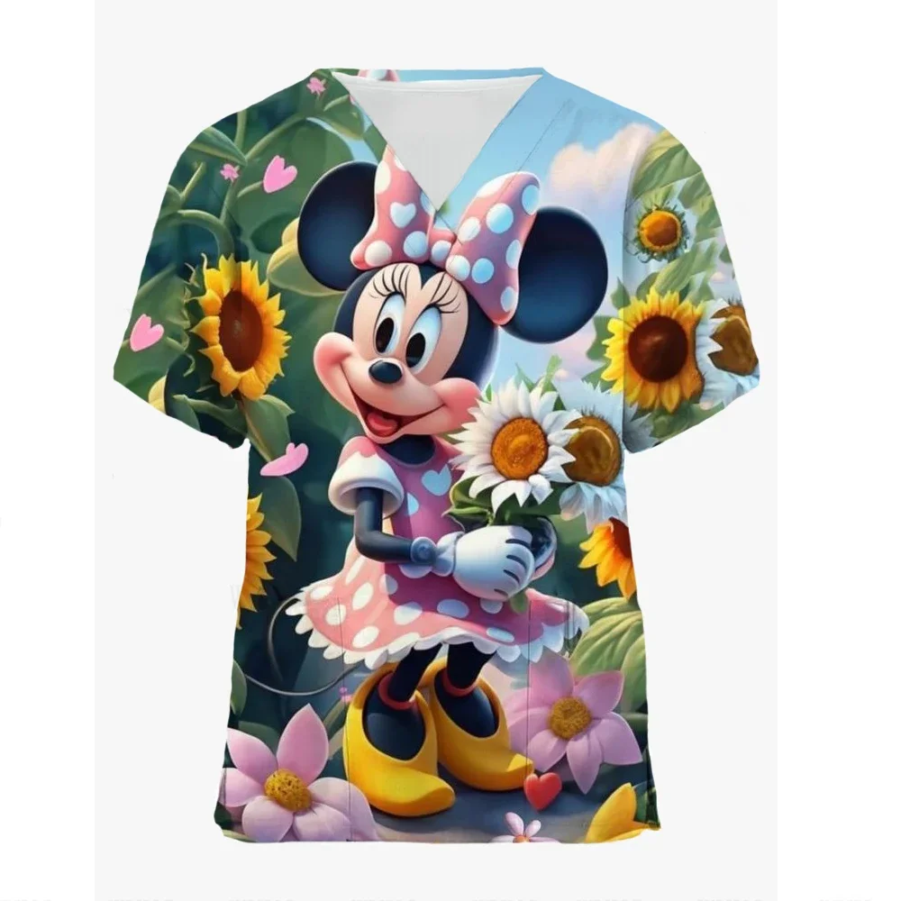 

Miniso Disney Minnie Bow Print Womens T-Shirts Medical Nursing Uniform Stretch V-Neck Short Sleeve T Shirt Tops With Pocket