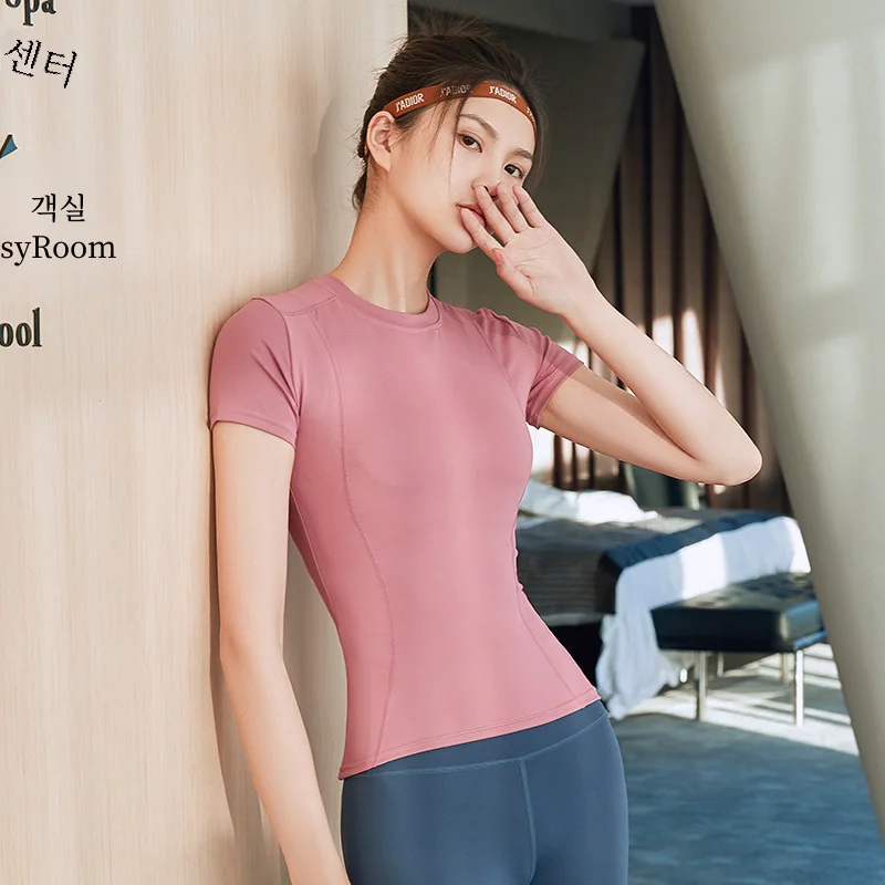 여성 요가 정장 슬리밍 운동복 빠른 건조 러닝 운동복 꽉 끼는 여름 짧은 소매 탑 피트니스
