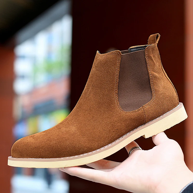 Men Chelsea Boots Men Leather Shoes Chelsea Boots Men Suede Leather Decent Men Ankle Boots Original Short Casual Shoes British Style Winter Zapatillas Hombre