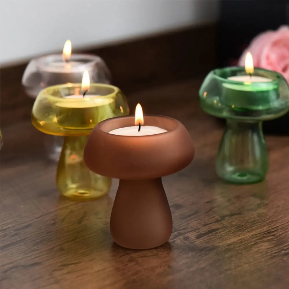 Mushroom Glass Candle Holder Colorful Transparent Candlestick Candle