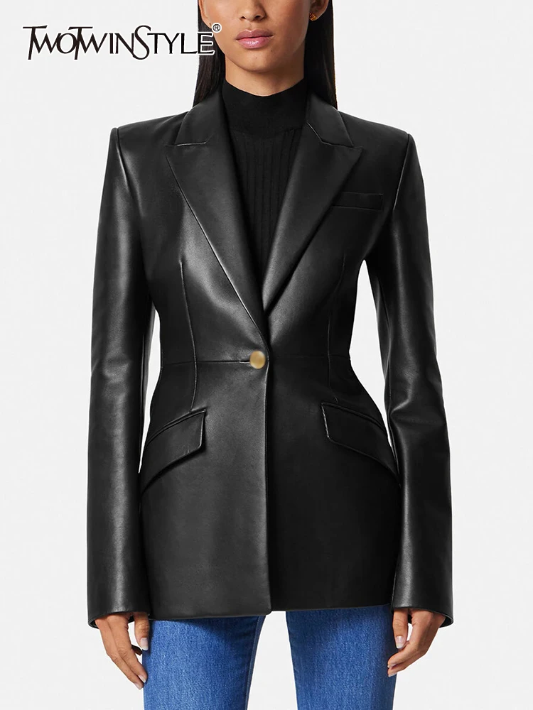 

TWOTWINSTYLE Solid Slimming Leather Blazer For Women Notched Collar Long Sleeve Tunic Patchwork Button Chic Blazers Female New