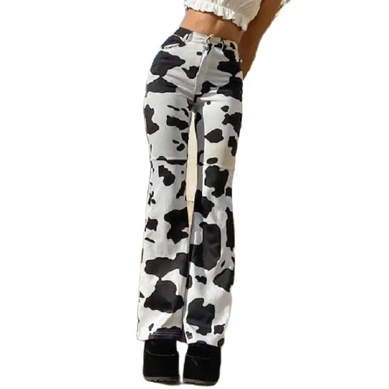 

Jeans for Women High Waisted Flare Elastic Jeans with white Bottom Black Printing Wide Leg Long Denim Pants Fashion Slim Jeans
