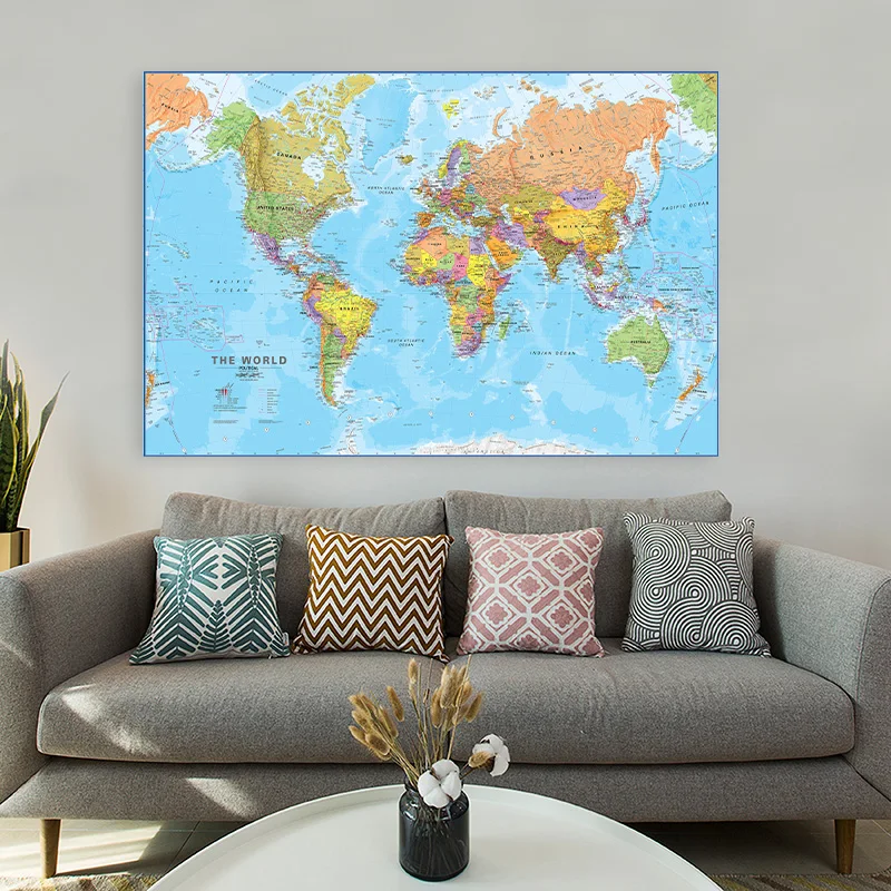150*100cm World Map Detailed Wall Poster Clear Printed Canvas Painting Decorative Hanging Picture Office Home School Supplies world map poster