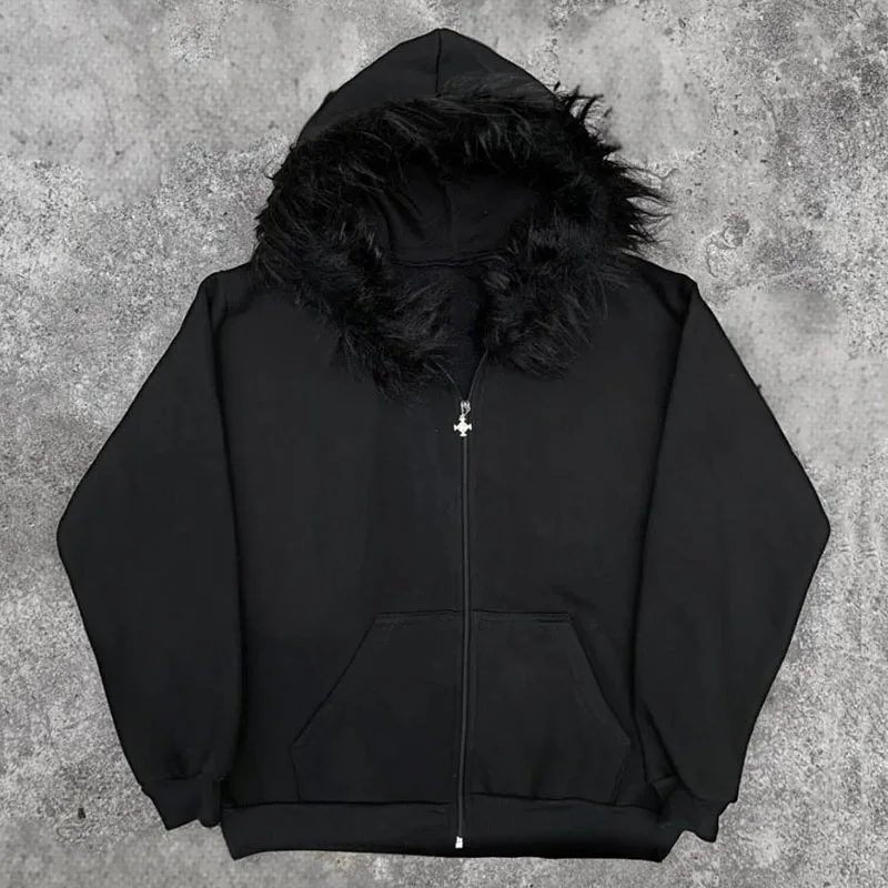 Y2K Gothic Zip Hoodie Fur Hood Grunge Streetwear Unisex Graphic