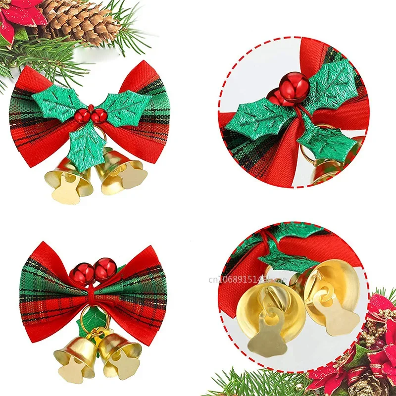 50-2PCS Christmas Bow with Bells Mini Bowknot Christmas Tree Garland Hanging Ornaments Xmas 2026 New Year Party Decorations