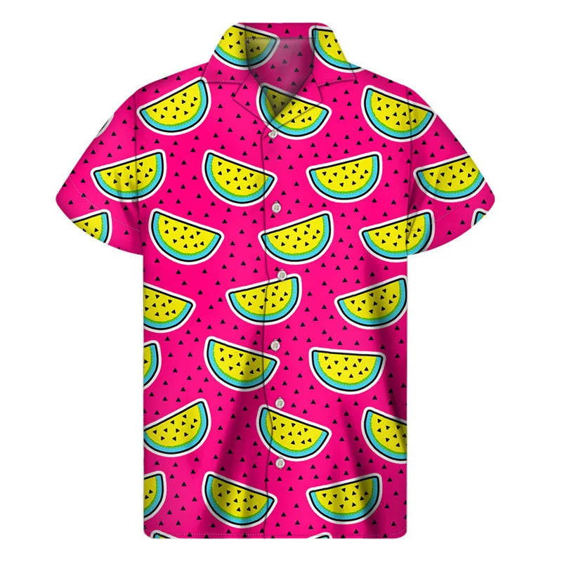 thumbnail image 1 of Camisa hawaiana con estampado de sandía colorida 2024, camisetas de verano de manga corta con botones de frutas estampadas en 3D, ropa para hombre, blusa con solapa, 1 of 5