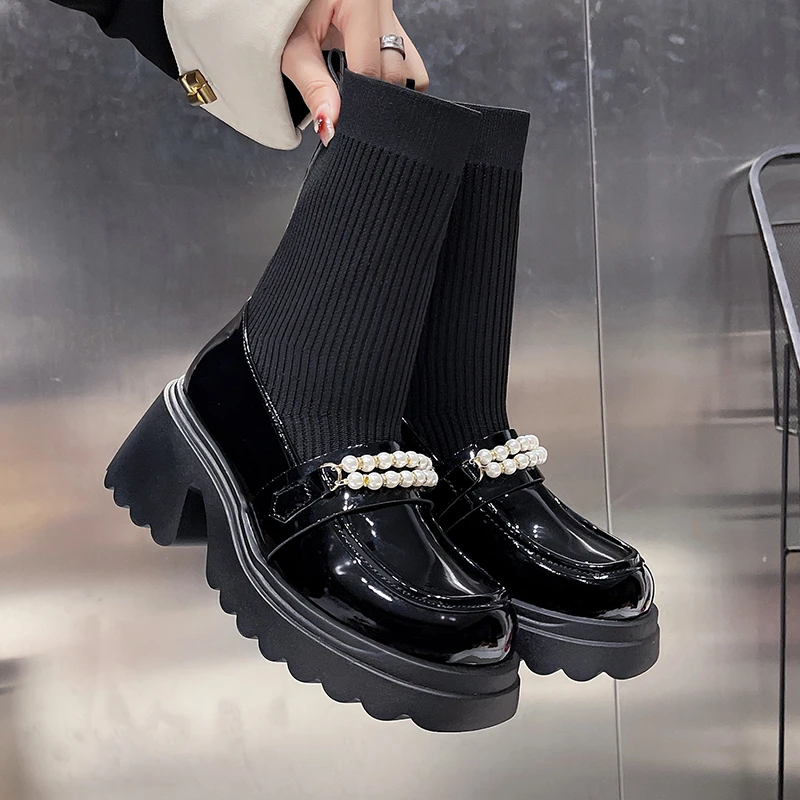 Aphixta Black 6.5cm High Heels Modern Boots Pearl Design Platform Ankle Boots Women Sock Boot Sweet Student botas mujer botines