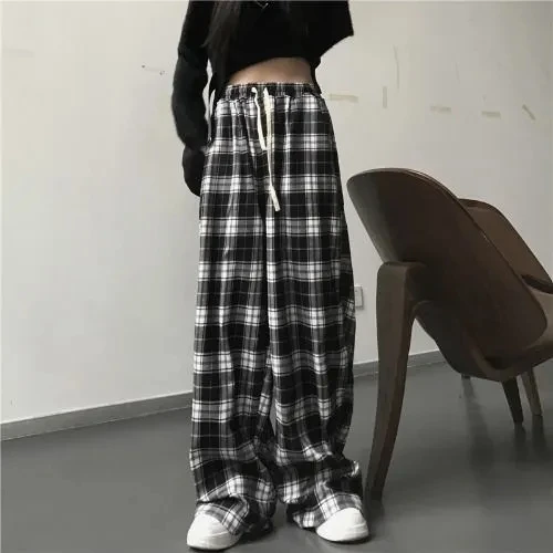 Black and White Plaid pants Oversize New Women Casual Loose Wide Leg Trousers Ins Retro Teen Straight Trousers Hiphop Streetwear 2