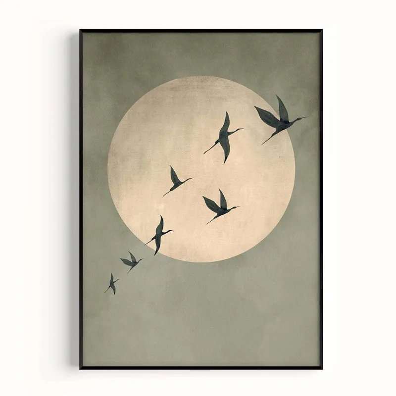 Japandi Sage Green Abstract Sun and Birds Wall Art - Large Frameless Canvas