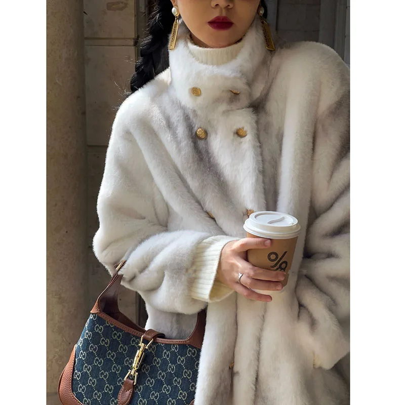 Fashion 2023 Winter New Thickened Long Wide Loose Neck Mink Fleece Imitation Rex Rabbit Fur Fur One Piece Fur Coat For Women