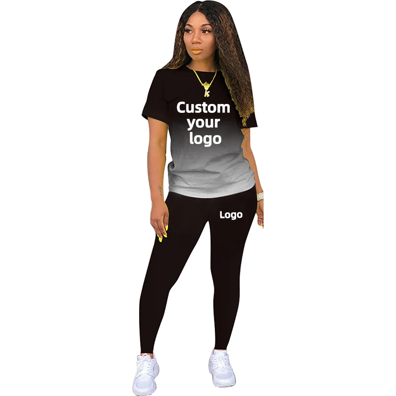 Custom LOGO Women 2 Pieces Set Summer T-shirt and Pants Gradient Fashion Casual Streetwear DIY Printed Female Tracksuit S-3XL