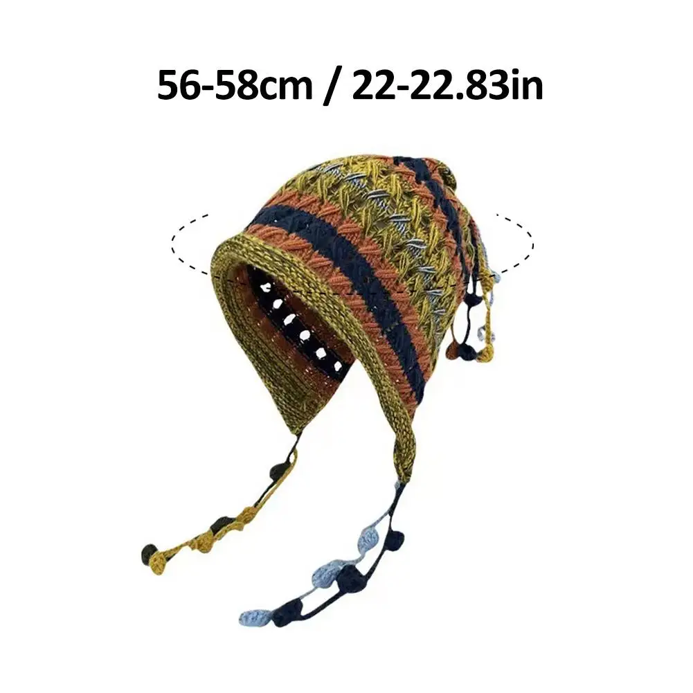 1pc Korean Imitation Handmade Crochet Colored Yarn Hat For Women Winter Fashion Nitted Beanie Cap Hm Earflap Tassel Pompom Hat women hat