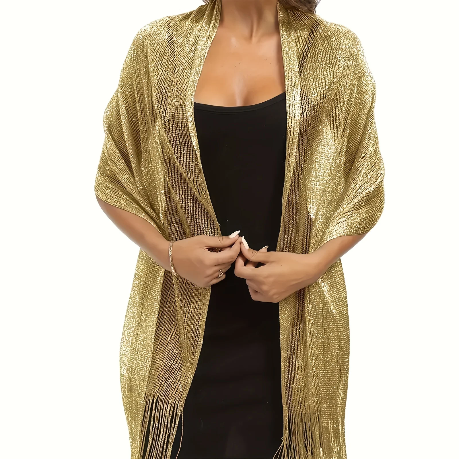 Fashion Bright Silk Sunscreen Shawl Hijab Gold Silver Shiny Scarves For Women Lace Tassel Party Evening Dress Scarf 3