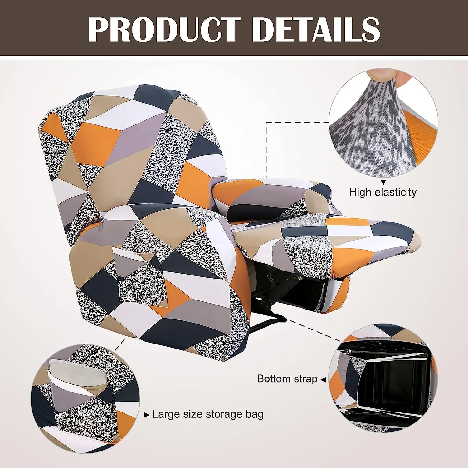 4pcs/set Recliner Slipcovers With Side Pocket Stretch Reclining Couch Covers Printed Furniture Protector 2