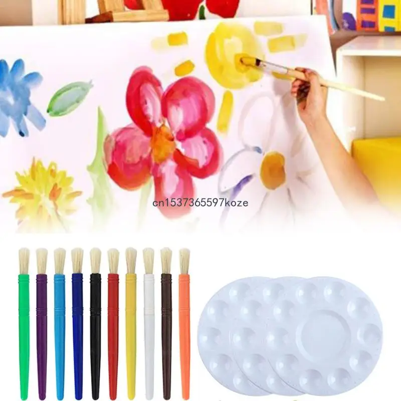 

23Pieces Kid Painting 10 Plastic Paintbrush 10 Brush Washing Cups 3 Palettes