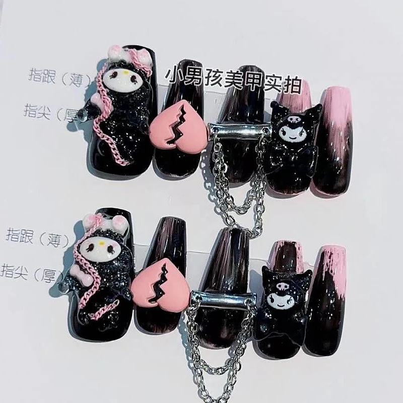 

Новинка Sanrio милый мультяшный Kuromi с пятнами черная пудра милый крутой стиль ручной работы Маникюр летние многоразовые наклейки для ногтей