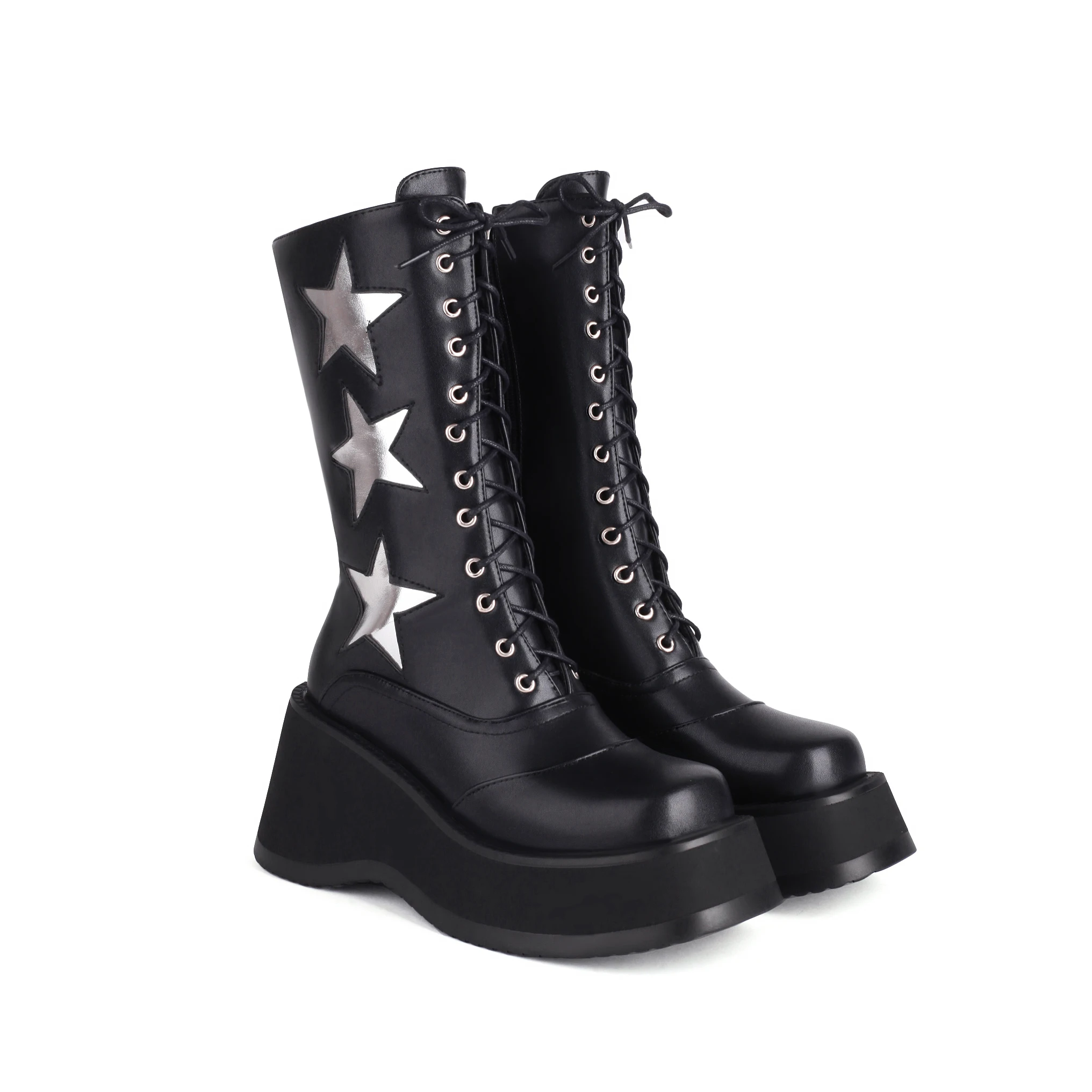 

Punk Style Metal Belt Buckle Locomotive Boots Slope Heel Thick Sole Heightened Zipper Knight Boots Sexy Women's Boots 36&42