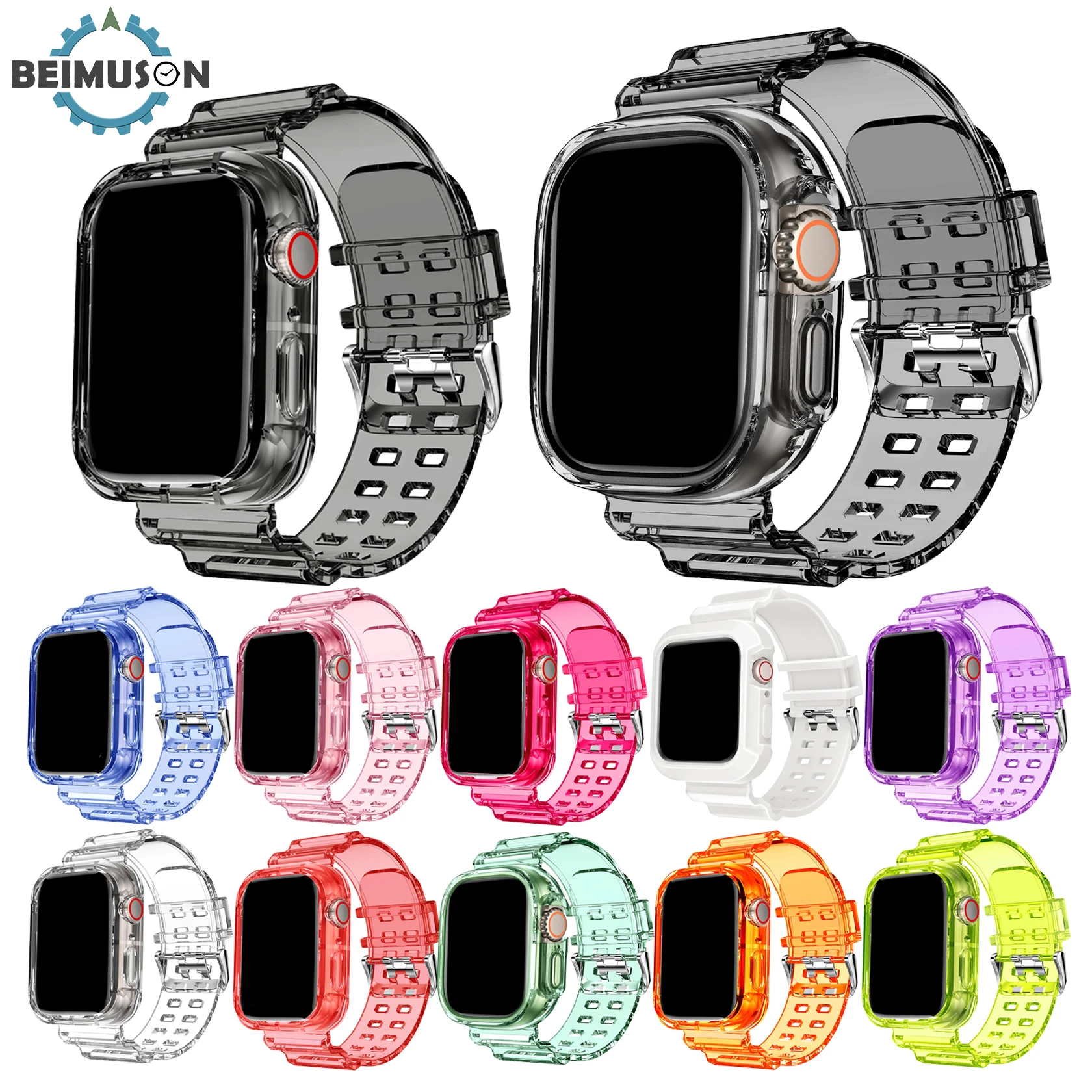 Für Apple Watch Candy Color Clear Band+Case 11/10/8/7/6/5/4 49mm 46mm 42mm Clear Crystal Sport Band mit schützendem Bumper Case