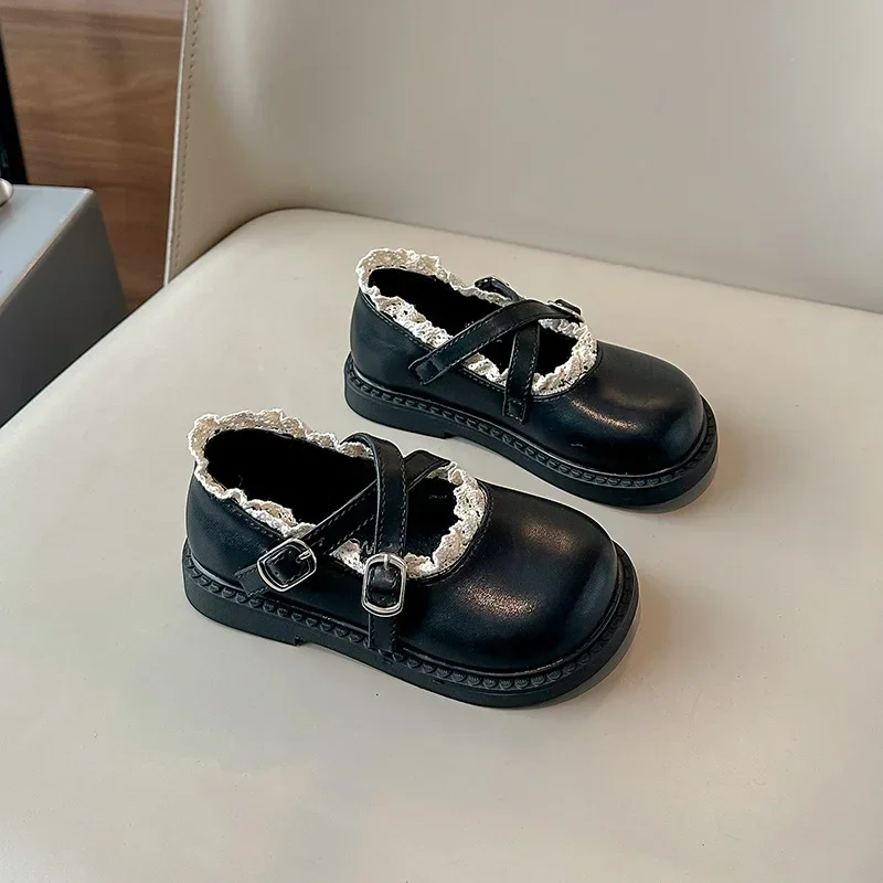 Children's Leather Shoes Chic Ruffled Edge Versatile Princess Shoes for Girls Fashion Simple New Kids Causal Flat Non-slip