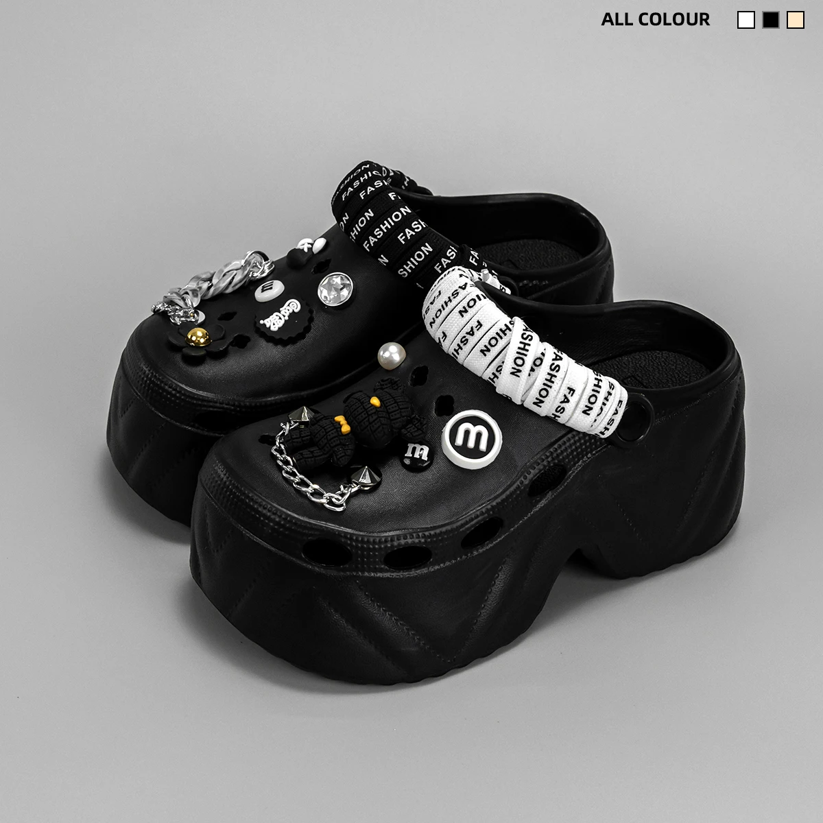 New Fashionable Black and White Strappy Bear High Heeled Imitation Leather Pattern Clogs X8809 - Image 2