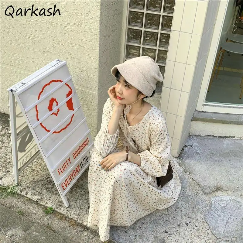 

Dresses Women Mid-calf Floral Long Sleeve Spring Lace-up Korean Fashion Loose Fit Vintage Soft Cozy Chic All-match Sweet Girls