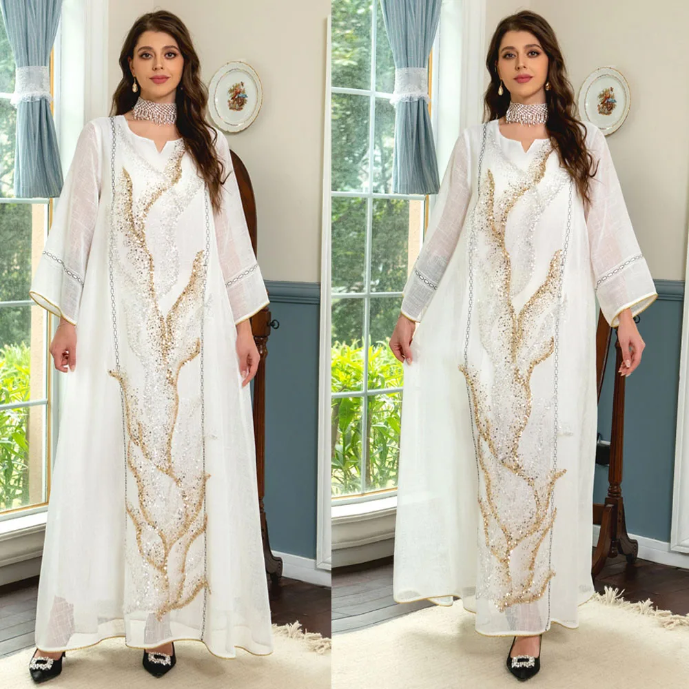 

Luxury Mesh Sequins Embroidered Abaya Dress For Women Muslim Dubai Evening Party Robe Moroccan Kaftan Turkey Arabic Jalabiya