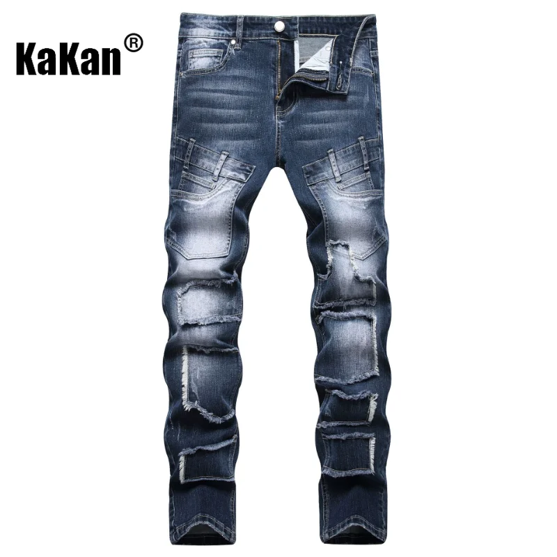 Kakan - New Elastic Slim Fit Small Feet Men's Jeans, Personalized Pocket Patch Blue Tight Long Jeans K19-8834