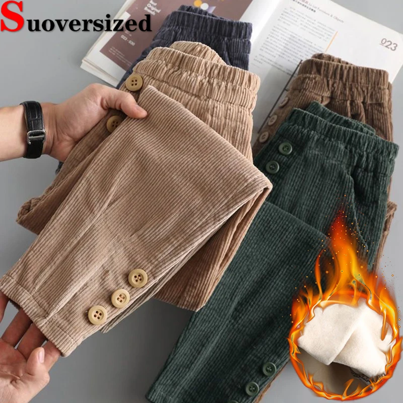 Winter Velvet Lined Corduroy Harem Pants Oversized 4x Baggy Warm Women's Pantalones Elastic High Waist Casual Thicken Spodnie warm winter plush velvet lined harem pants casual thicken women high waist pantalone korean snow wear green spodnie new