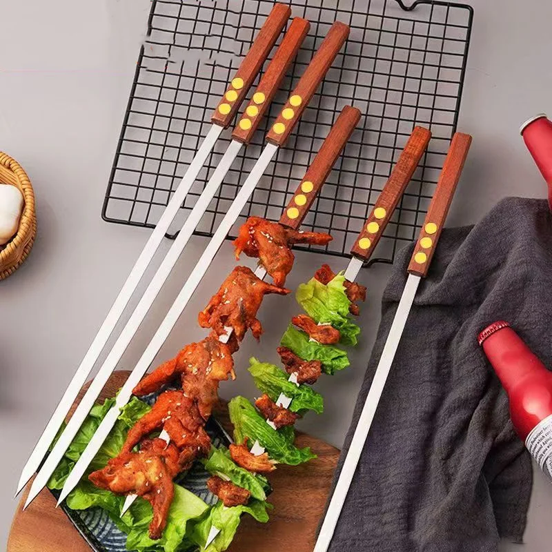 1pcs Stainless Steel BBQ Long Skewers with Wooden Handle for Shish Kebab Turkish Grills Kabobs Grilling Koubideh Brazilian-Style