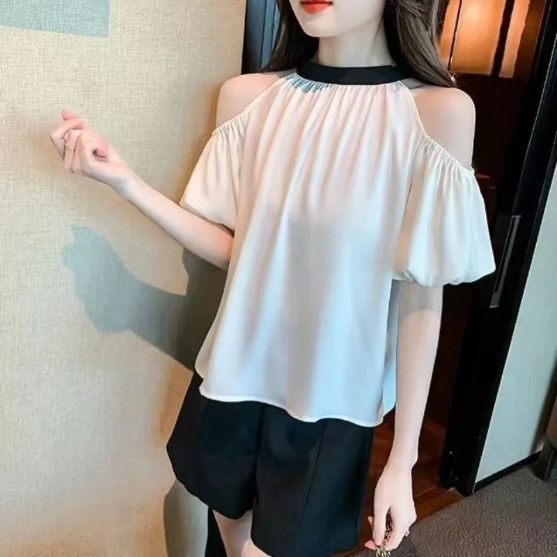 Fashionable Sweet Summer New Shirts Women's Spliced Solid Ruched Round Neck Off-the-shoulder Loose Short Sleeve Chiffon Blouses