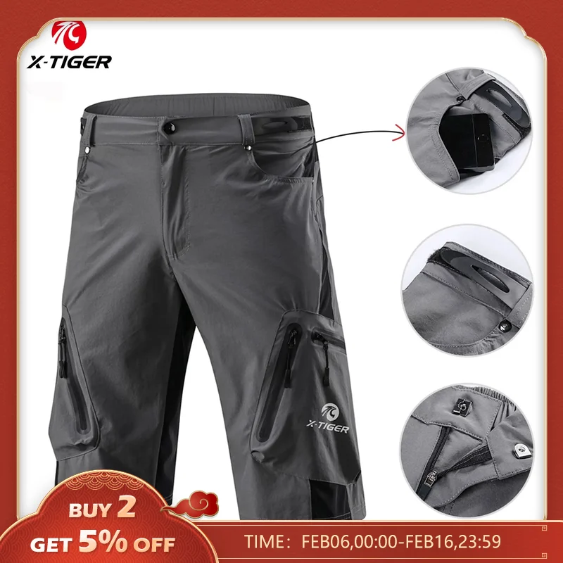 JIKEGO 남성용 자전거 의류, 사이클링 반바지 젤 패드, MTB 산악 자전거 의류, 남성 바이커 타이즈, 통기성 블랙, 여름 10 X-TIGER 산악 자전거 반바지, 멀티 포켓, 통기성, 느슨한 라이딩 로드, MTB 반바지, 야외 스포츠, 방수 사이클링 바지