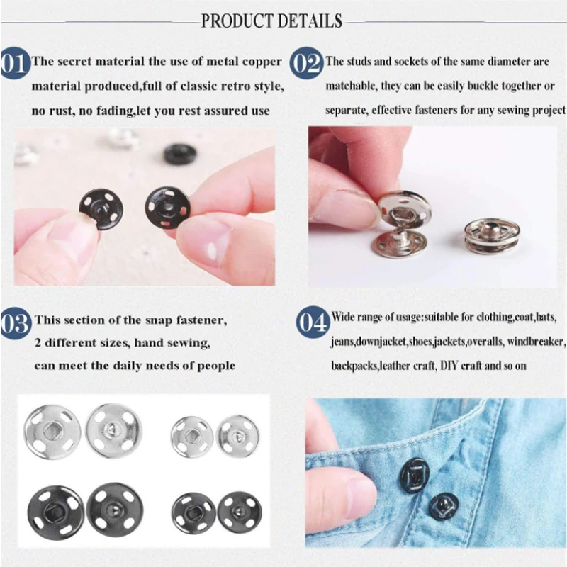 250Sets Sew-on Snap Buttons Metal Fasteners Press Studs Buttons for Sewing  8/10mm Black and Silver - AliExpress