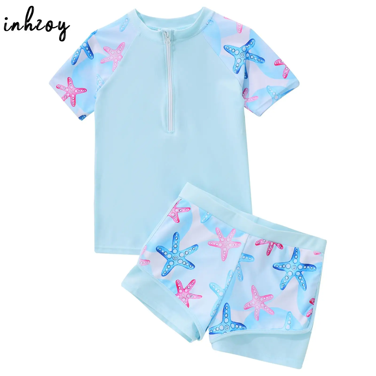 

Kids Girls 2 Piece Swimming Sets Beachwear Short Sleeve Rash Guard Swimsuit Tops with Shorts Sun Protection Surfing Bathing Suit
