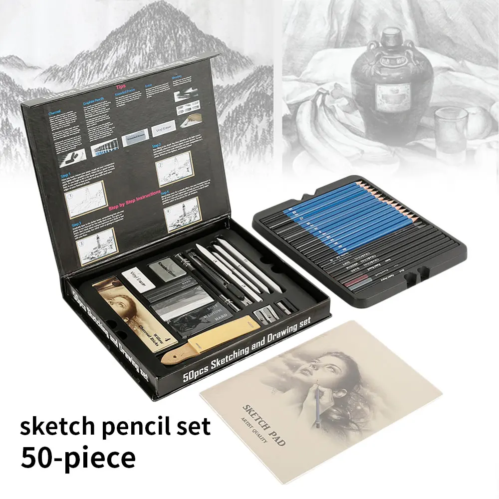 50 Pack Drawing Set Sketch Kit, Sketching Supplies with 3-Color Sketchbook, Graphite, and Charcoal Pencils