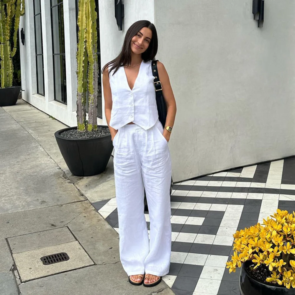 Casual Women 2 Piece-Set Straight Legg And Sleeveless Top Vestidos Sets Slim V-Neck Summer Pocket Fashion Trousers Sets