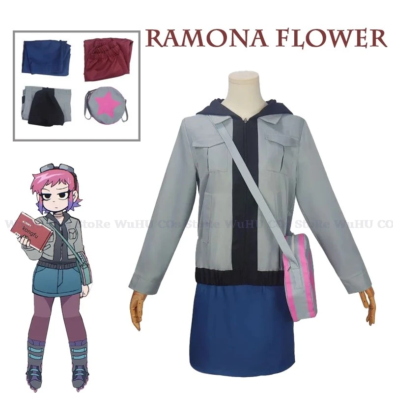 Anime Scott Pilgrim Decolla Ramona Flower Cosplay Costume Donna Fantasy Uniform Pants Coat Bag Outfit Halloween Carnival Suit