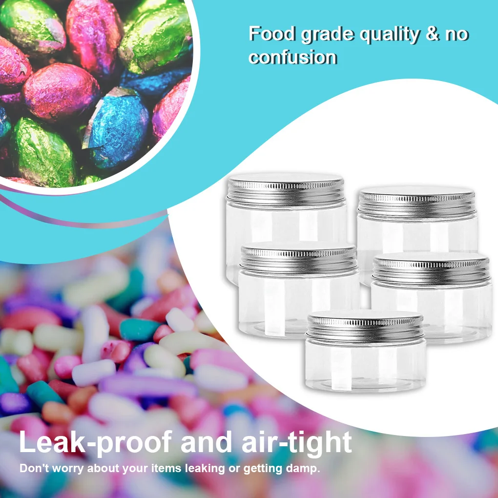 10pcs 30/50/60/80ml Empty Plastic Clear Cosmetic Jars Makeup Container Clear Jar Food Airtight Storage Jars with Aluminum Lids
