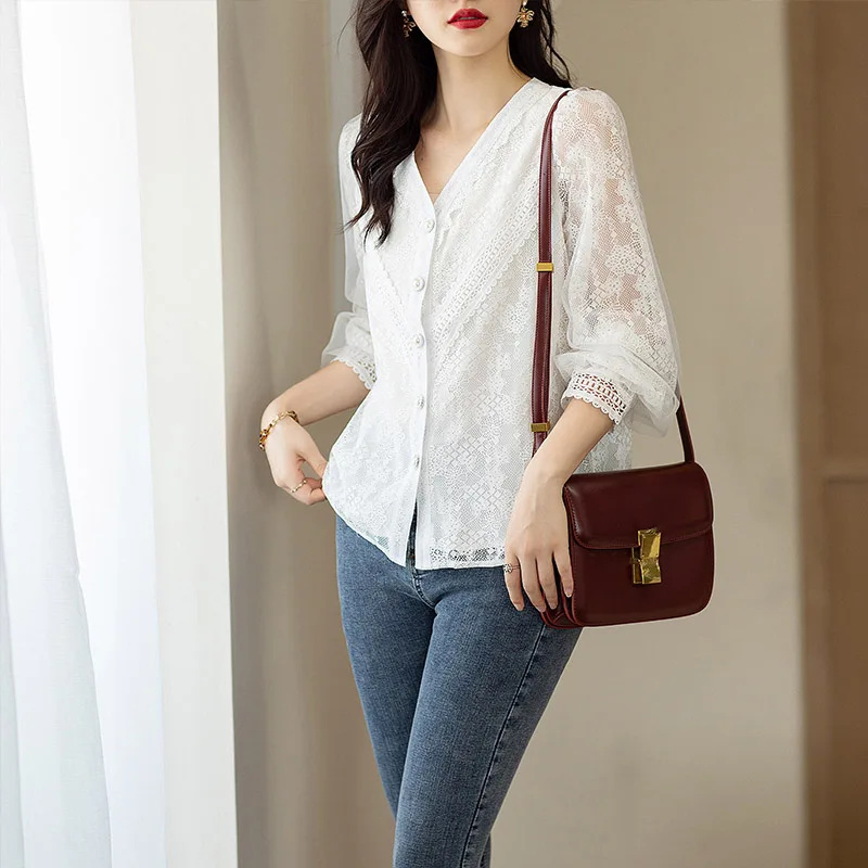 

Women Elegant Lace Fashion Blouse V-neck Elegant Long Sleeve Tops Spring New Solid Loose Temperament Daily Commuting Shirt