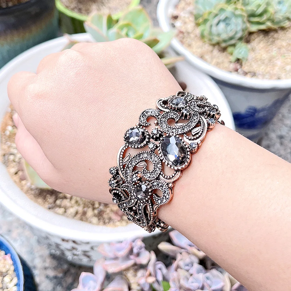 Sunspicems Bohemia Gray Crystal Turkish Bangle Cuff Bracelet