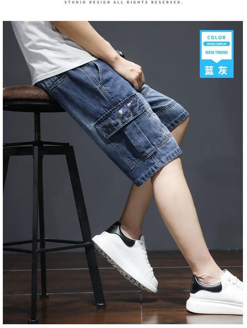 Harajuku Fashion Drawstring Designer Korean Luxury Boyfriend Multi Pocket Loose Casual Denim Jeans Men Summer Knee Length Shorts